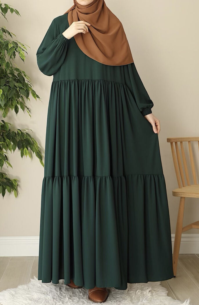 Arya Fırfırlı Elbise Ferace Yeşil - 1