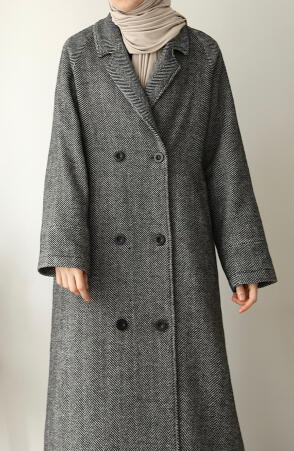 Balıksırtı Desen Kaşe Kaban - Siyah - Suhneva