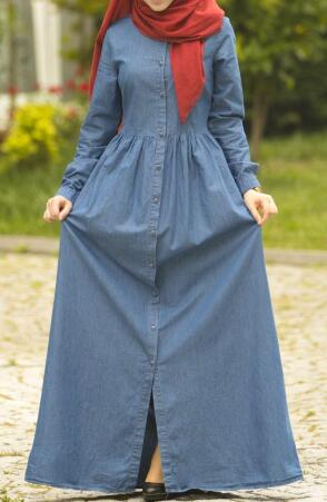  Boydan Düğmeli Büzgülü Kot Elbise - Mavi