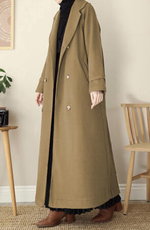 Kruvaze Tam Boy Kaşe Kaban - Bej - Suhneva