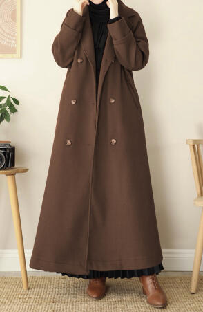 Kruvaze Tam Boy Kaşe Kaban - Kahve - Suhneva (1)