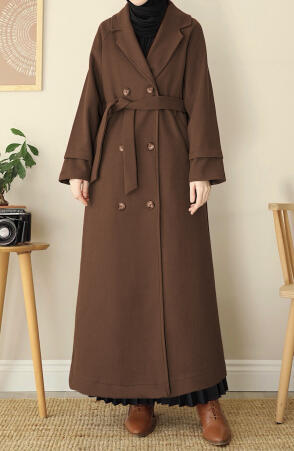 Kruvaze Tam Boy Kaşe Kaban - Kahve - Suhneva