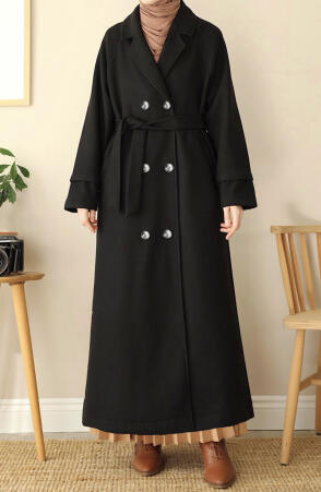 Kruvaze Tam Boy Kaşe Kaban - Siyah - Suhneva