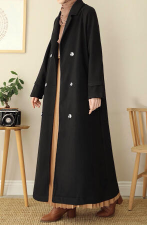 Kruvaze Tam Boy Kaşe Kaban - Siyah - Suhneva (1)