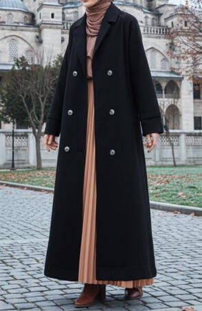 Kruvaze Tam Boy Kaşe Kaban - Siyah - Suhneva (1)