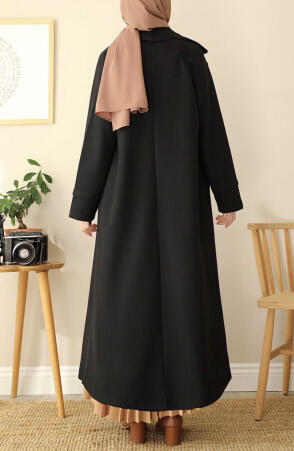 Kruvaze Tam Boy Kaşe Kaban - Siyah - 5