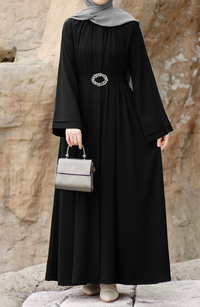Taşlı Dilşah Abaya Ferace - Siyah - 1